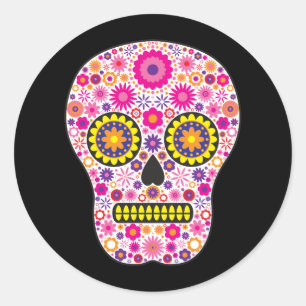 Pegatina Redonda Cráneo de azúcar rosado mexicano