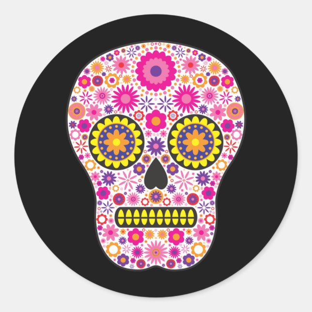 Pegatina Redonda Cráneo de azúcar rosado mexicano (Anverso)