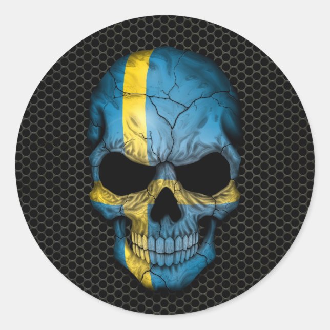Pegatina Redonda Cráneo de bandera sueca sobre gráfico de malla de  (Anverso)