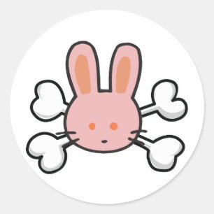 Pegatina Redonda cráneo de conejo rosa y huesos cruzados