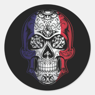 Pegatina Redonda Cráneo De Francia Y Bandera De Los Rosas