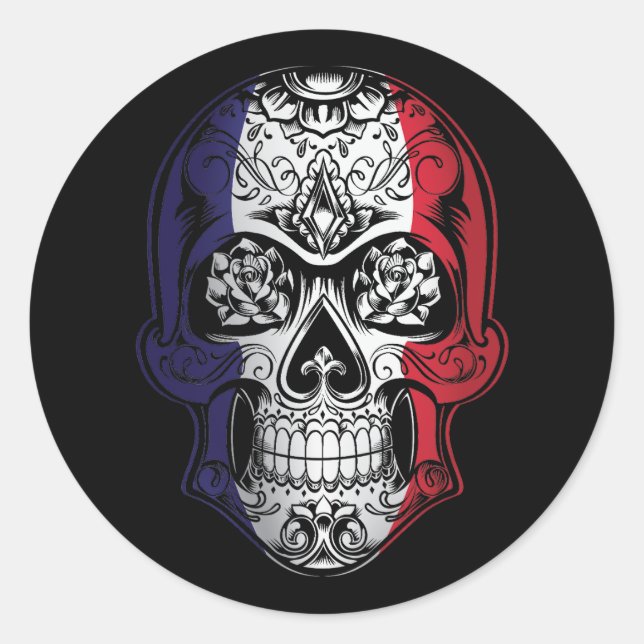 Pegatina Redonda Cráneo De Francia Y Bandera De Los Rosas (Anverso)
