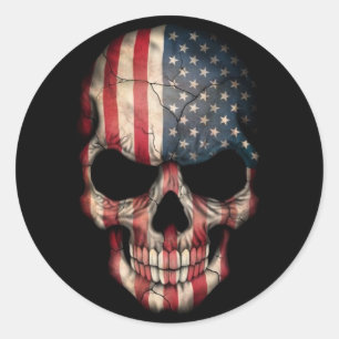 Pegatina Redonda Cráneo de la bandera americana en negro