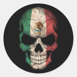 Pegatina Redonda Cráneo de la bandera mexicana en negro