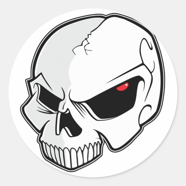 Pegatina Redonda Cráneo de Ojos Rojos de Sangre Malvada (Anverso)
