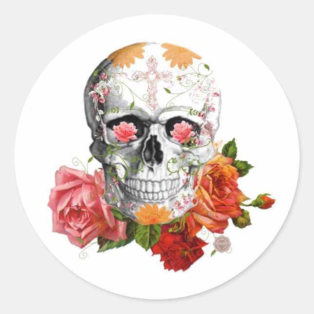 Pegatina Redonda cráneo de rosas (Anverso)
