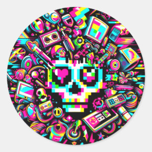 Pegatina Redonda Cráneo de salida glitched - Ojo cardíaco