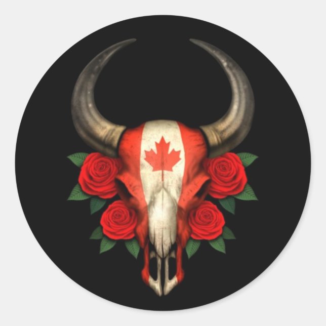 Pegatina Redonda Cráneo de toros con bandera canadiense con rosas r (Anverso)
