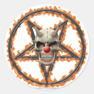 Pegatina Redonda Cráneo del payaso del demonio y Pentagram ardient