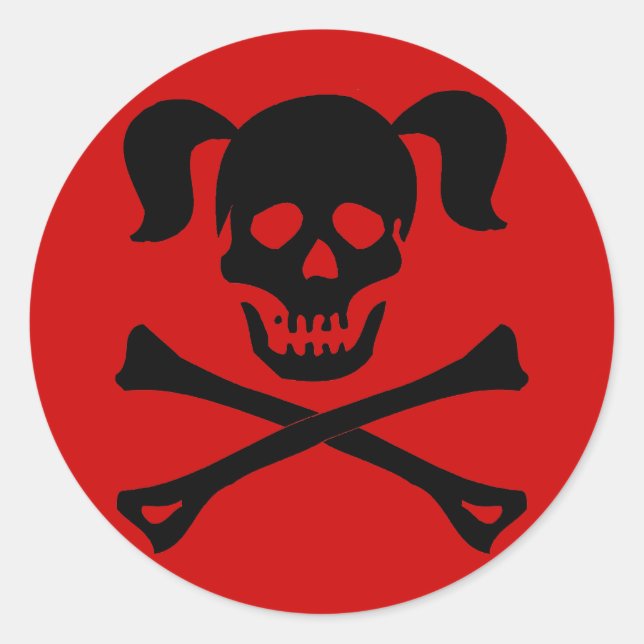 Pegatina Redonda Cráneo negro y huesos cruzados con pigtails (Anverso)