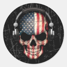 Pegatina Redonda Cráneo norteamericano de DJ con auriculares