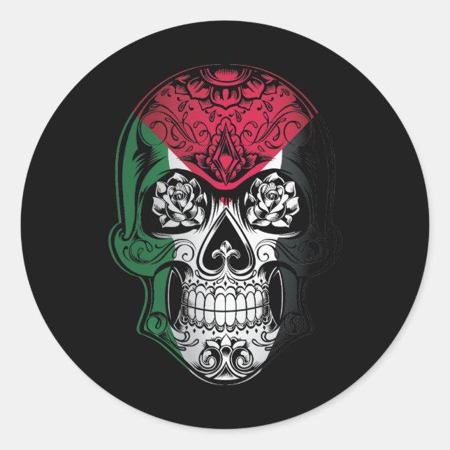 Pegatina Redonda Cráneo Palestino Y Bandera De Los Rosas (Anverso)