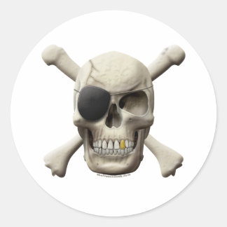 Pegatina Redonda Cráneo pirata malvado y encrucijada