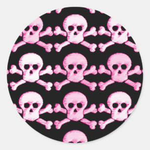 Pegatina Redonda cráneo pirata rosa y blanco