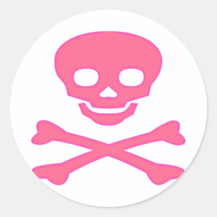 Pegatina Redonda Cráneo rosado y huesos cruzados