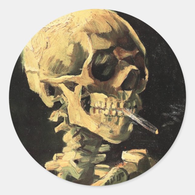 Pegatina Redonda Cráneo Van Gogh con imán de cigarrillos en llamas (Anverso)