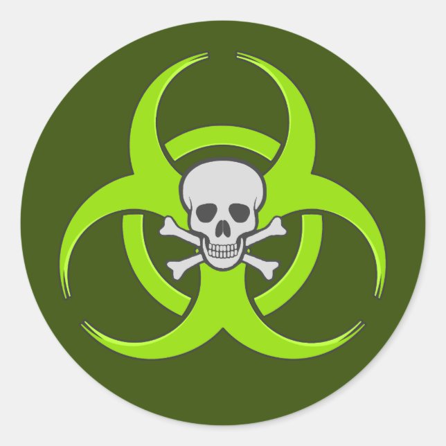 Pegatina Redonda Cráneo verde de riesgo biológico (Anverso)