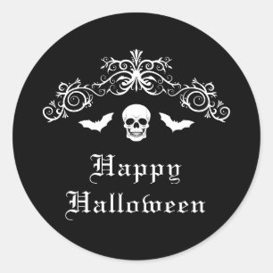 Pegatina Redonda Cráneo y murciélagos Feliz Halloween Blanco y negr