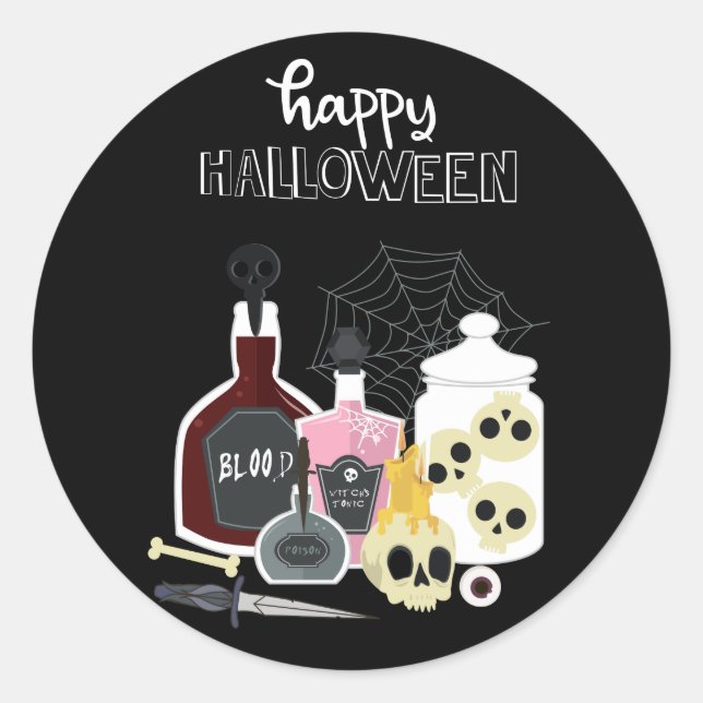 Pegatina Redonda Cránulos y pociones Ilustraciones Feliz Halloween (Anverso)