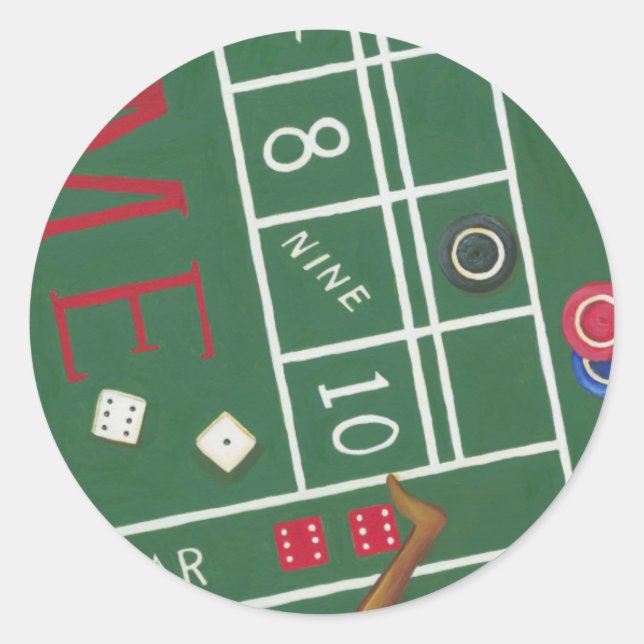 Pegatina Redonda Craps de Casino con Chips y dados (Anverso)