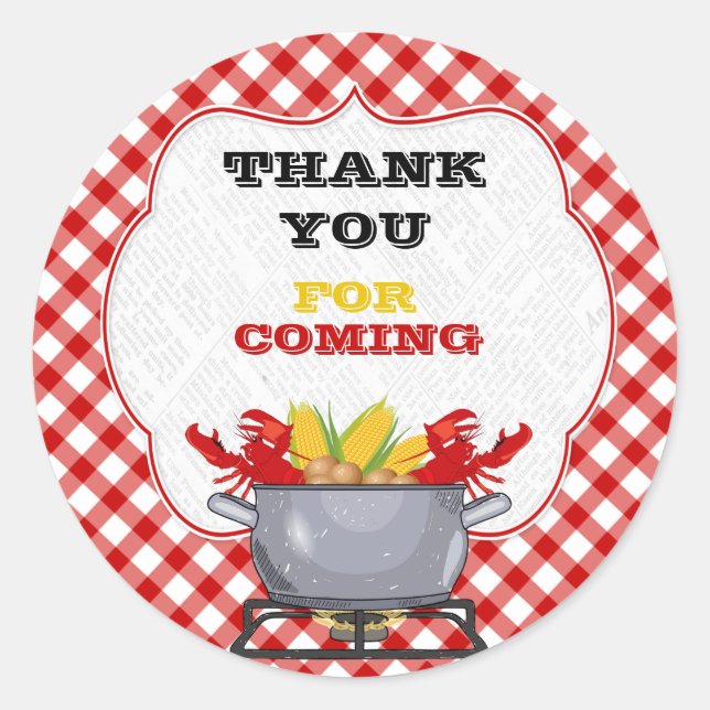 Pegatina Redonda Crawfish Boil Pot Red Check Gingham (Anverso)