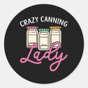 Pegatina Redonda Crazy Canning Lady Preservando el contenedor de co