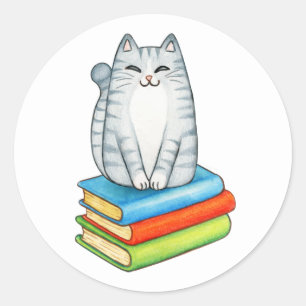 Pegatina Redonda Crazy Cat Lady Bookworm Leer libro Lover
