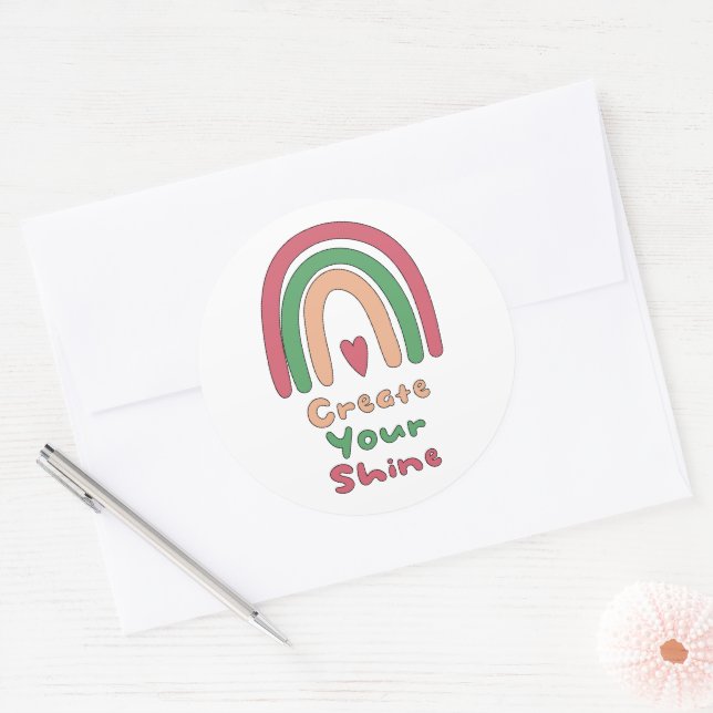 Pegatina Redonda Crea tu arcoiris boho motivador de brillo (Sobre)
