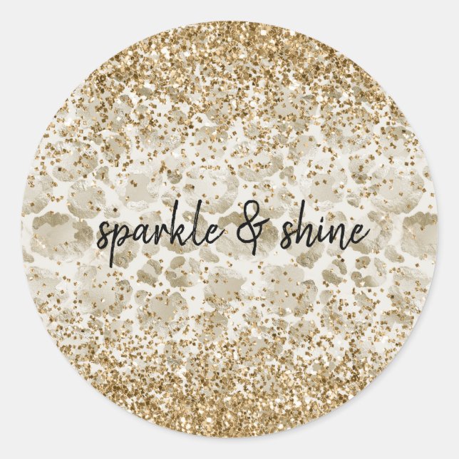 Pegatina Redonda Cream Leopard Print Glitzy Sparkle (Anverso)
