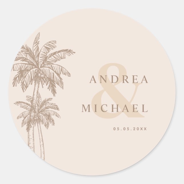Pegatina Redonda Cream Palm Trees & Ampersand Names Boda (Anverso)