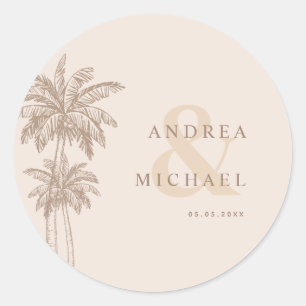 Pegatina Redonda Cream Palm Trees & Ampersand Names Boda