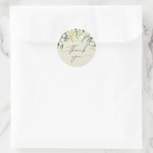 Pegatina Redonda Cream Snowberry+Eucalyptus Navidades Gracias (Bolso)