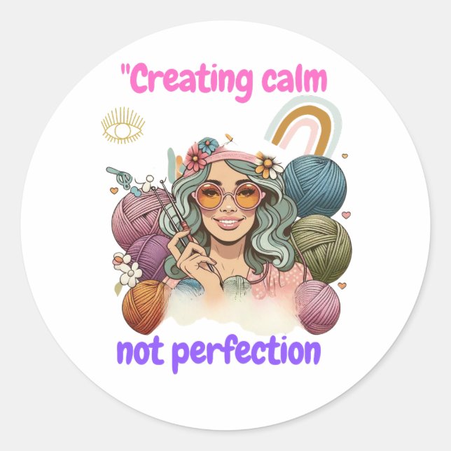 Pegatina Redonda Creating calm, not perfection - Retro knitting gir (Anverso)