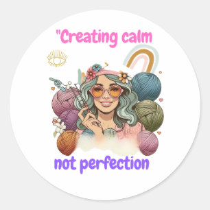 Pegatina Redonda Creating calm, not perfection - Retro knitting gir