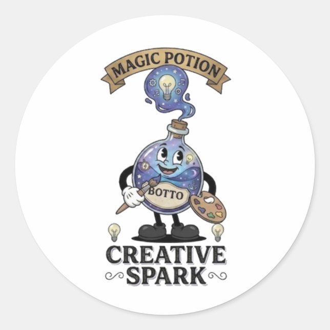 Pegatina Redonda Creative Spark Magic Potion Retro Artist Mascot (Anverso)