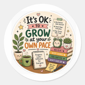 Pegatina Redonda Crece a Tu Propio Ritmo Cute Sticker Motivacional