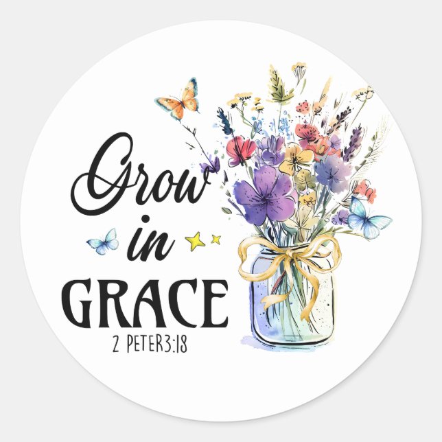 Pegatina Redonda Crecer en Grace, Biblia cristiana versus Floral (Anverso)