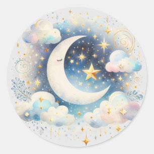 Pegatina Redonda Creciente azul y blanco Luna Celestial Boho modern