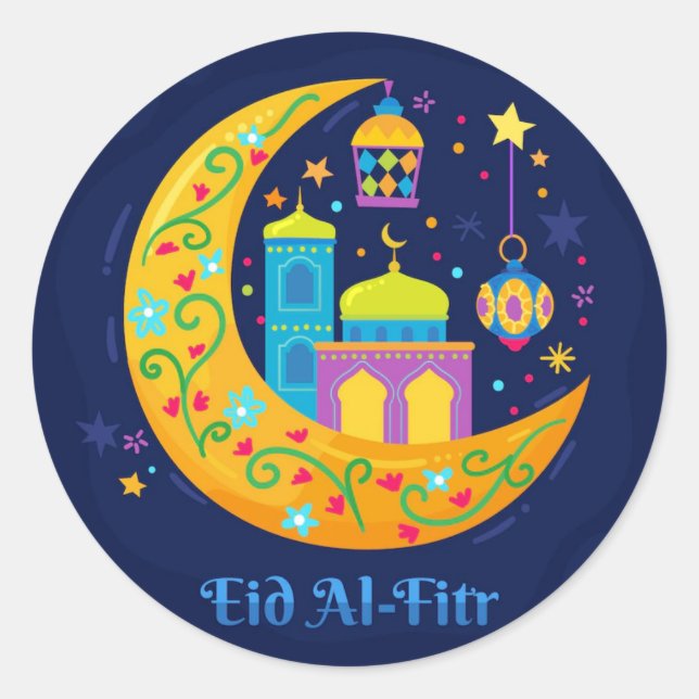 Pegatina Redonda Creciente de Eid Al Fitr (Anverso)