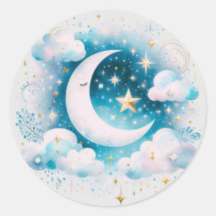 Pegatina Redonda Creciente Luna Celeste Boho Moderno Azul y Blanco