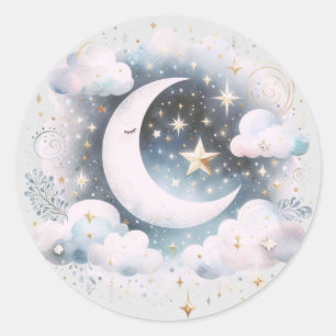 Pegatina Redonda Creciente Luna Celeste Boho Moderno Azul y Blanco