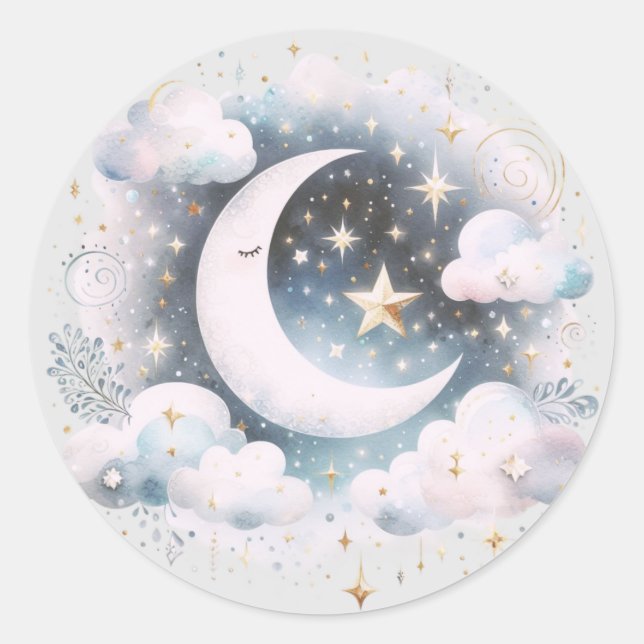 Pegatina Redonda Creciente Luna Celeste Boho Moderno Azul y Blanco (Anverso)