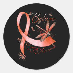 Pegatina Redonda Cree Crps Conciencia Naranja Ribbon Dragonfly Lov
