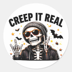Pegatina Redonda Creep It Real Funny Cool Esqueleto Halloween