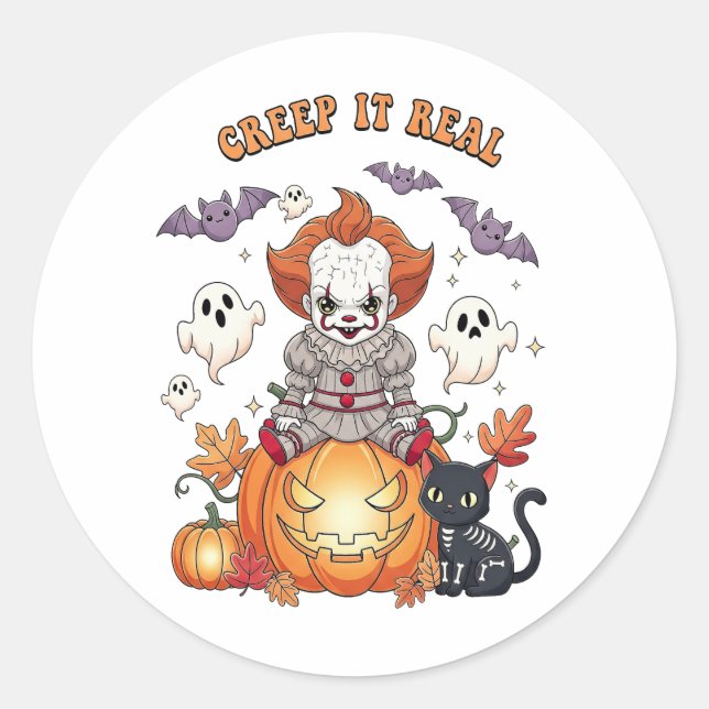 Pegatina Redonda Creep It Real Halloween Clown (Anverso)
