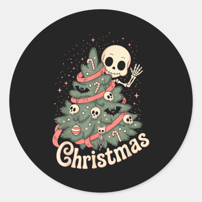 Pegatina Redonda Creepy Cute Kawaii Skeleton Christmas Tree Skull B (Anverso)