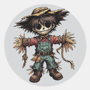 Pegatina Redonda Creepy Scarecrow arte de ilustracion de color de n