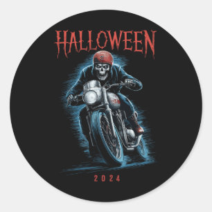 Pegatina Redonda Creepy Skeleton Biker En Moto Halloween 2024