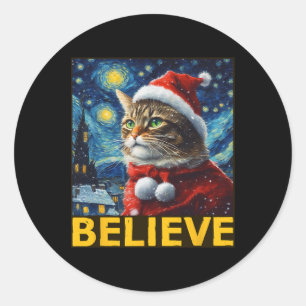 Pegatina Redonda Creer Navidades Shirt Starry Night Van Gogh Cat