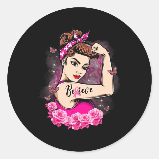 Pegatina Redonda Creer que las mujeres con Cinta Rosa son fuertes e (Anverso)